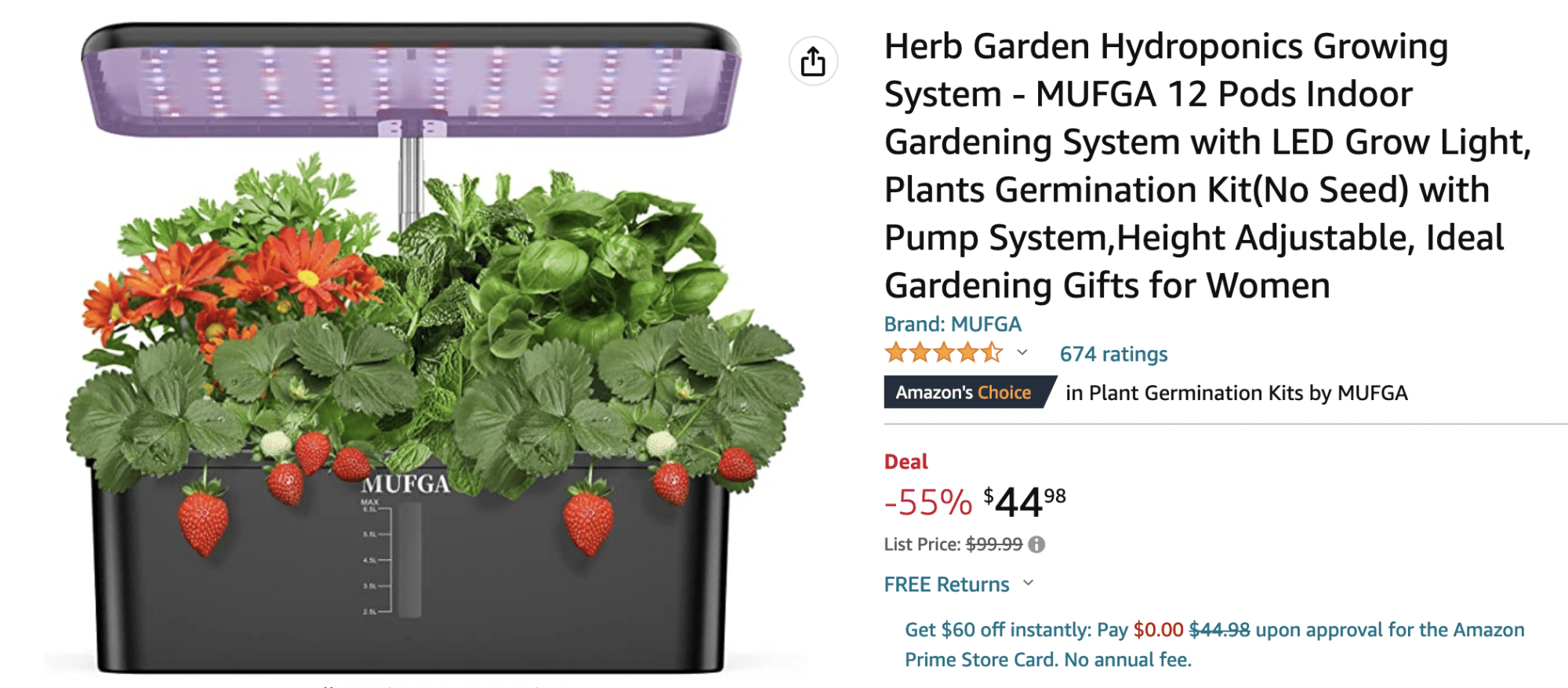 Herb Garden Hydroponics Growing System - MUFGA 12 Pods Indoor Gardening System with LED Grow Light, Plants Germination Kit(No Seed) with Pump